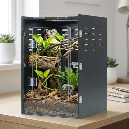 8x8x12 Black PVC Reptile Tank, Front Opening for Crested Reptiles | Black PVC cave-like interior, front-opening access, side ventilation holes, ideal for crested geckos, spiders & mantises