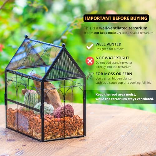 NCYP Glass Enclosure with Vent Holes for Jumping Spiders, Praying Mantis, Small Insect - 7.5" x 4.9" x 9" Front Opening Door Vented Glass Terrarium - House Shape, Home Decor, Black (Terrarium Only) - size: 7.5" x 4.9" x 9"