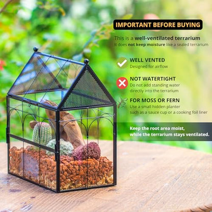 NCYP Glass Enclosure with Vent Holes for Jumping Spiders, Praying Mantis, Small Insect - 7.5" x 4.9" x 9" Front Opening Door Vented Glass Terrarium - House Shape, Home Decor, Black (Terrarium Only) - size: 7.5" x 4.9" x 9"