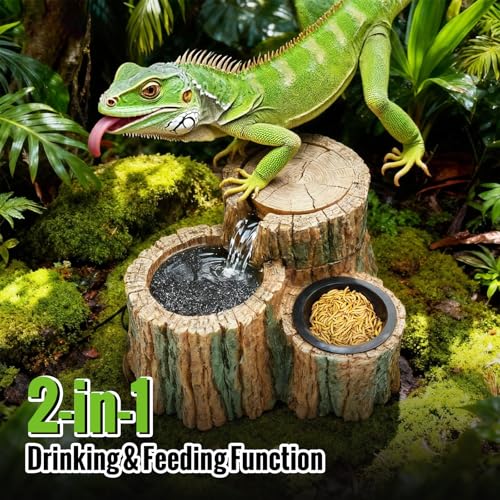 MIXJOY 2 in 1 Reptile Water Fountain with Food Dish 550ML, Reptile Waterfall Drinking Fountain with Adjustable Flow, Natural Resin, Reptile Water Dispenser for Bearded Dragon Gecko Lizard Chameleon