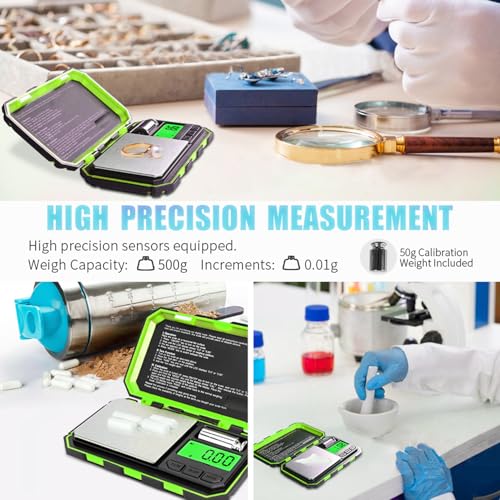 Fuzion Pocket Gram Scale, 500g x 0.01g Digital Jewelry Scale High Precision | Mini Scale with 50g Calibration Weight, 6 Units Ounces Grains, Tare Function for Jewelry, Coin, Powder, Food - color: Green, size: 500/0.01g