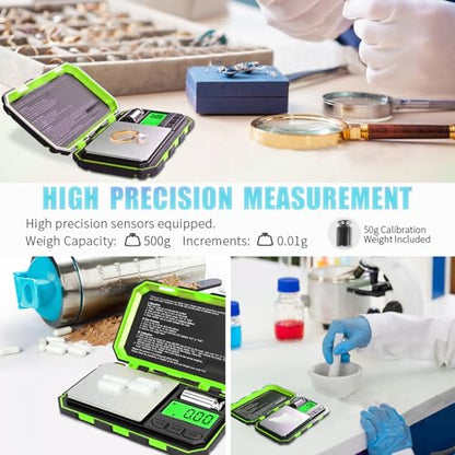 Fuzion Pocket Gram Scale, 500g x 0.01g Digital Jewelry Scale High Precision | Mini Scale with 50g Calibration Weight, 6 Units Ounces Grains, Tare Function for Jewelry, Coin, Powder, Food - color: Green, size: 500/0.01g