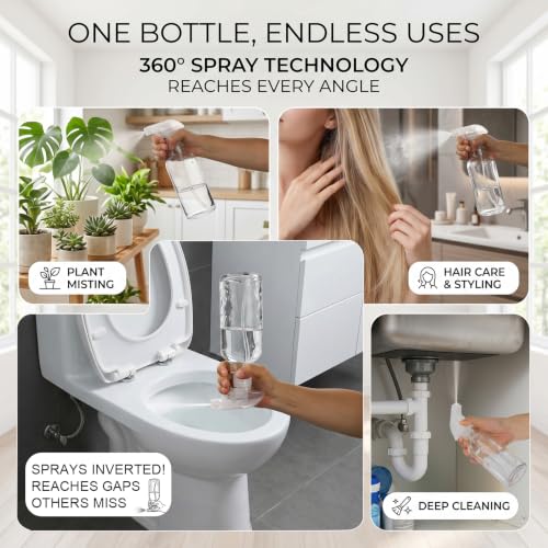 12oz Glass Spray Bottles 2 Pack, 360° Any-Angle Spraying | Refillable Leak-proof Bottles with Adjustable Nozzle; Ideal for Cleaning, Essential Oils, Plants & Hair Care - color: Clear