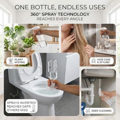 12oz Glass Spray Bottles 2 Pack, 360° Any-Angle Spraying | Refillable Leak-proof Bottles with Adjustable Nozzle; Ideal for Cleaning, Essential Oils, Plants & Hair Care - color: Clear