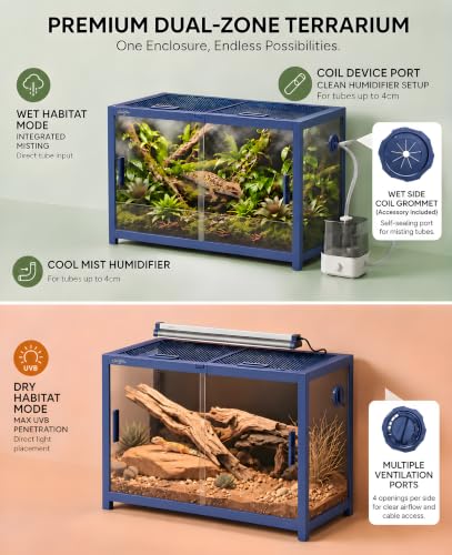 48 Gallon Reptile Tank, Leopard Gecko Reptile Enclosure Front Sliding Door | Stackable ventilation reptile terrariums Tank anti-escape locks and no-fingerprint handles humidification atomization - color: Blue, size: 48 Gallon