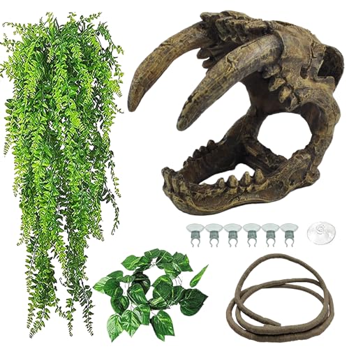 kathson Resin Sabertooth Tiger Skull Bearded Dragon Hideout Skull Reptile Jungle Climbing Vine Flexible Leaves Decor for Small Animals Leopard Gecko Lizard Chameleon Spider