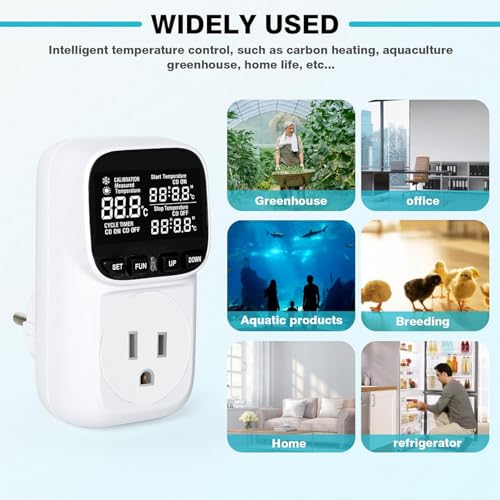 KABASI Digital Temperature Controller, Only Fahrenheit Dispaly with Sensor | Heavy Duty 15A Thermostat Outlet, Heating Cooling Control Timer Plug Socket for Greenhouse Refrigerator Terrarium Aquarium