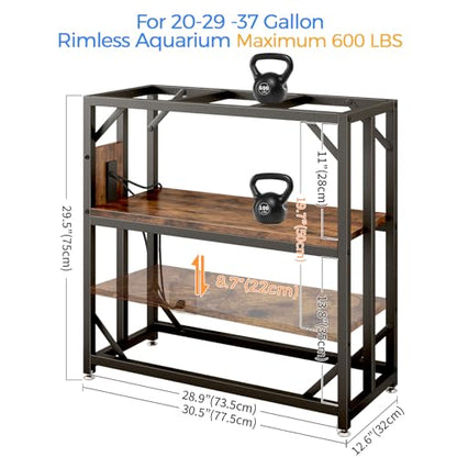 20-29-37 Gallon Fish Tank Stand with Power Outlet,Adjustable Aquarium Stand, Heavy Duty Terrarium Stand,Metal Frame Reptile Turtle Tank Stand Suitable for Home Office,600LBS Capacity, Rustic Brown - color: Rustic Brown, size: 20-29-37 Gallon