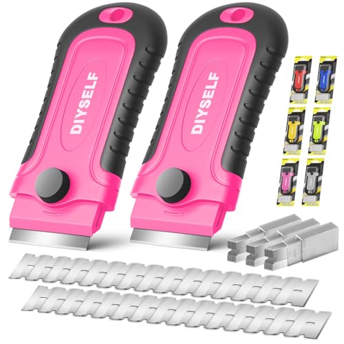 DIYSELF 2 Pack Razor Scrapers with 30 Extra Razor Blades, Stove Top Cleaner | Stove Top Cleaner for Glass Cooktops, Ovens, Windows and Metal, Razor Blade Scrapers for Labels, Decals, Glue and Grime - color: Pink, size: 2 Pack