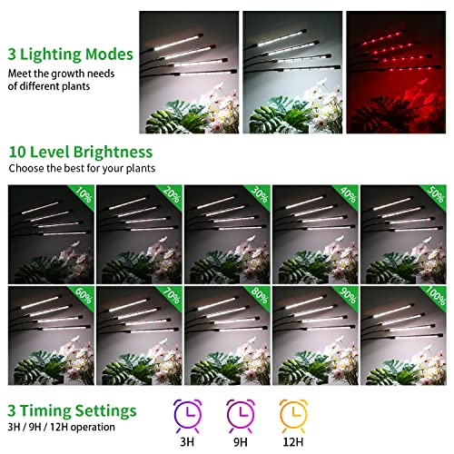 RWNTAO Grow Lights for Indoor Plants,168 LEDs Clip Plant Lights, Full Spectrum LED Plant Growing Lamps with Flexible Gooseneck, 3/9/12H Timer, 3 Spectral Modes, 10 Dimmable Levels, 4 Head - size: 4 Head 1 Pack
