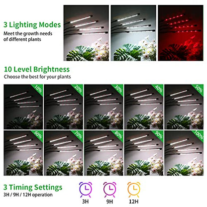 RWNTAO Grow Lights for Indoor Plants,168 LEDs Clip Plant Lights, Full Spectrum LED Plant Growing Lamps with Flexible Gooseneck, 3/9/12H Timer, 3 Spectral Modes, 10 Dimmable Levels, 4 Head - size: 4 Head 1 Pack