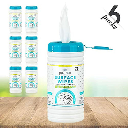 Juniper CLEAN 6 Pack Surface Cleaning Wipes with Bleach, All-Purpose Cleaner for Bathroom, Kitchen, Office, 450 Count Canister, Fresh Scent, 7.5" x 7" Sheet, Lint Free & Durable - size: 75 Count (Pack of 6)