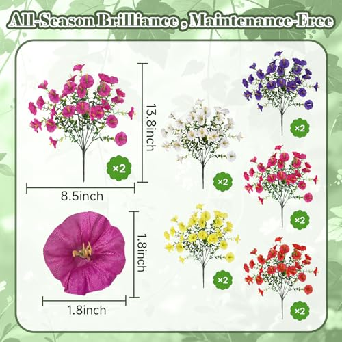 12 Bundles Artificial Morning Glory Flowers for Outdoors, 6 Mixed Colors | 336 Blooms with UV Resistant Silk Petals and Eucalyptus, for Planters, Porches, Patios, Window Boxes and Garden Decor - color: 6 Mix Colors