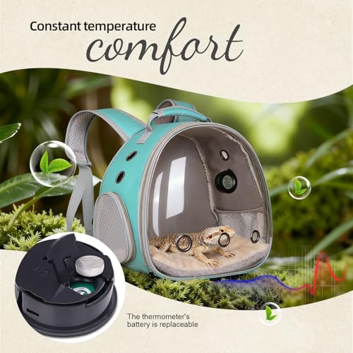 Bearded Dragon Backpack Carrier w/Reptile Thermometer Hygrometer, Clear Bubble Window Astronaut Space Capsule Travel Bag for Leopard Gecko, Ball Python, Lizard, Hermit Crab, Spider, Guinea Pig - color: Green