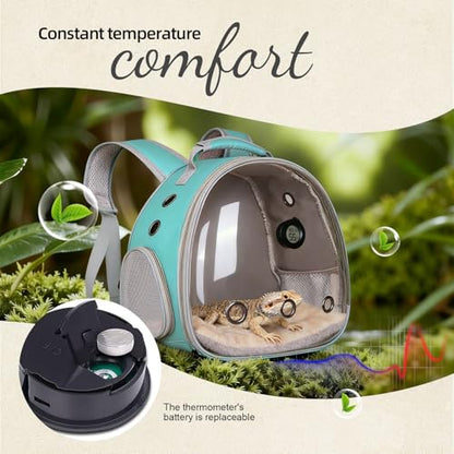 Bearded Dragon Backpack Carrier w/Reptile Thermometer Hygrometer, Clear Bubble Window Astronaut Space Capsule Travel Bag for Leopard Gecko, Ball Python, Lizard, Hermit Crab, Spider, Guinea Pig - color: Green