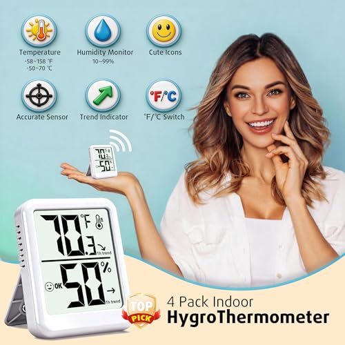 4 Pack Room Thermometer Indoor Hygrometer Humidity Gauge Meter | W/ Battery, Accurate Sensor, Monitor Temperature & Humidity, Fast Read, Easy To View, Durable Kickstand, ℉/℃, Small Size - color: White - Upgraded Version