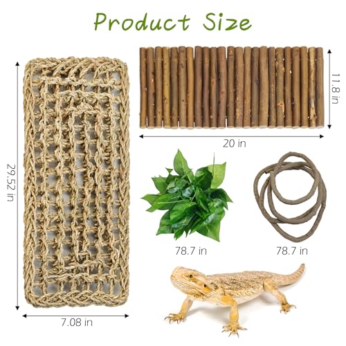 kathson Bearded Dragon Hammock Reptile Hideout Wooden Bridge Jungle Climber Vines Flexible Reptile Leaves with Suction Cups Reptile Habitat Decor for Chameleon, Lizards, Gecko, Snakes Climbing Hiding