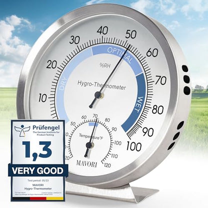 Analog Hygrometer – Thermometer Hygrometer for Indoor – Premium Stainless Steel Humidity Gauge Indicator – Temperature and Humidity Monitor – Battery Free Operation – Ø 12.5 cm
