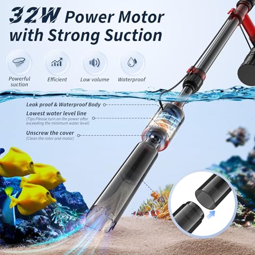 Fish Tank Cleaner, Aquarium Gravel Cleaner, 530GPH/32W Electric Fish Tank Cleaning Tools, Adjustable Water Flow Fish Tank Gravel Cleaner Vacuum, Aquarium Cleaner Kit for Water Chang, Wash Sand (Red)