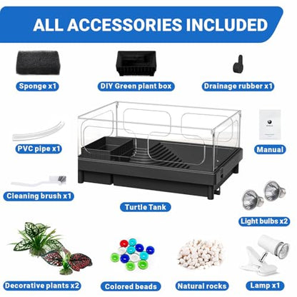 GOZILLA Small Turtle Tank with Adjustable Lamp, Acrylic Turtle Tank Starter Kit, Reptile Habitat and Terrarium with Multi-Functional Areas for Tortoise, Crab, Crayfish, Small Reptile.(Tank+Lamp)