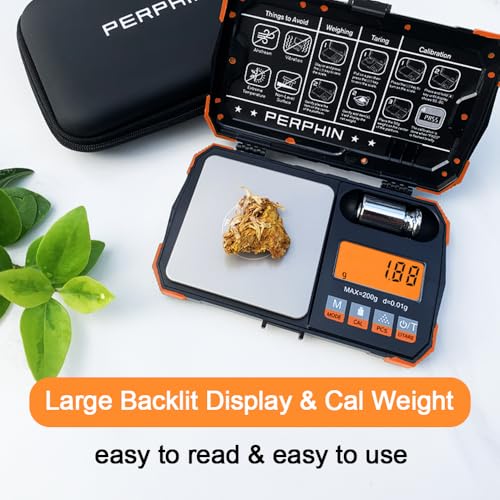 Pocket Scale, Dual Powered, Precision Gram Scale with Zipper Case | Digital Small Coin Scale, Large Backlight Display, 200g x 0.01g, 6 Weighing Units,Cal Weight, USB Cable Included - color: Orange