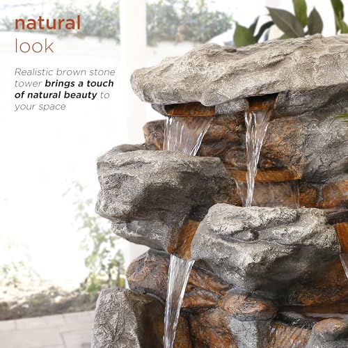 Alpine Corporation WIN730 Outdoor Floor Tiered Rock Waterfall Fountain with LED Lights and Natural Stone Look, 52", Brown - style: 5-Tier 52" H - Cool White LEDs
