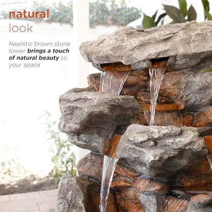 Alpine Corporation WIN730 Outdoor Floor Tiered Rock Waterfall Fountain with LED Lights and Natural Stone Look, 52", Brown - style: 5-Tier 52" H - Cool White LEDs