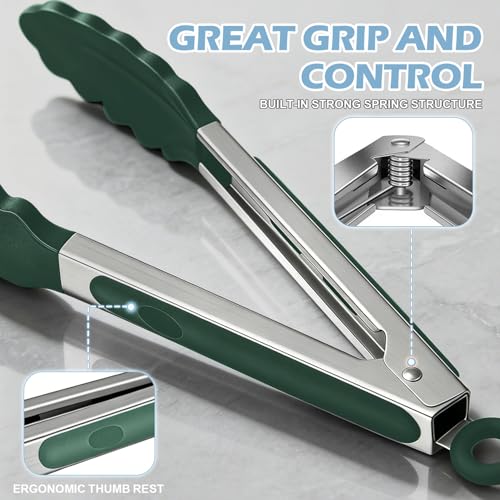 Stainless Steel Kitchen Tongs with Silicone Tips, Locking Grilling Food Tongs, 9" and 12", Set of 2 Dark Green - color: 2pack Dark Green