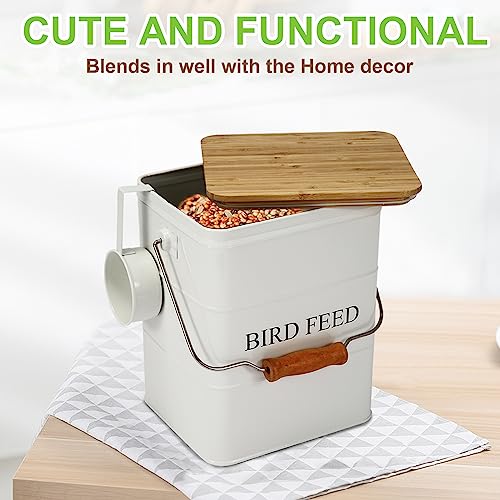Bird Seeds storage container,Bird Seed Container,Metal food tin for Birds, pet snacks Canisters with wooden lid/handle/sevice scoop,hold 5-6 lbs - color: Bird-White