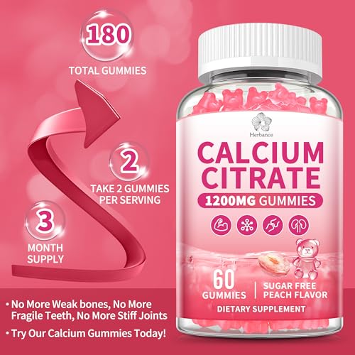 (3 Pack) Calcium Citrate Gummies 1200 mg for Adults, High Absorption Calcium Supplement for Women & Men, Sugar Free, Non-GMO, Gluten Free, Supports Muscle & Immune - Natural Peach Flavor - size: 60 Count (Pack of 3)