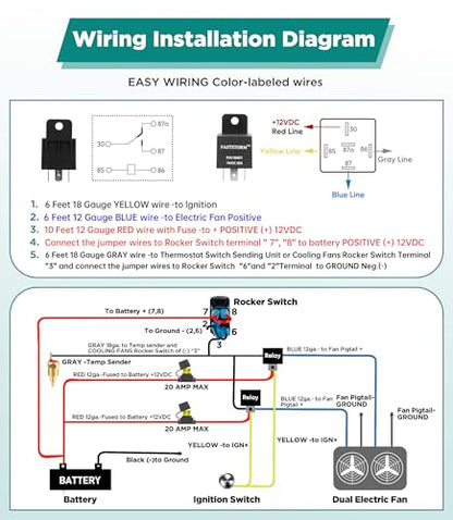 12V Dual Electric Fan Waterproof Relay Kit with Cooling Fans Rocker Switch with Jumper Wires Set 185 On 175 Off Temperature Sensor Switch for Cars Trucks RVs - style: Dual Fan Relay with Cooling Fans Rocker Switch Kit