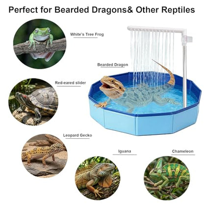 Bearded Dragon Tank Accessories Pool with Water Fountain Flow Control Valve | Foldable reptile bath pool and water fountain with 26-hole rain shower, quiet 5V pump.for bearded dragons, lizards, turtles