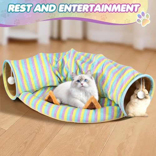 Spardar 2-in-1 Bunny Tunnel Bed, with Removable Mat Hideout,Stripe | Collapsible Tunnel Tubes Toys, Washable, Interactive Toys for Rabbits, Chinchilla, Hedgehog, Guinea, Kitty - color: Stripe