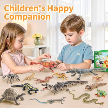14PCS Reptile Animal Figurines Toys Amphibians Diorama Toys for Kids 3+ | Solid, Safe, Play Figure Playsets with Axolotl, Horned Lizard, Snake, Spider, Chameleon, Fire Salamander, Crocodile Figures - style: 14PCS Reptile Animals-2
