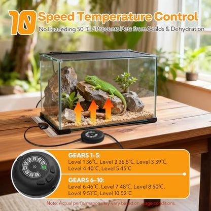 Reptile Heating Pad with Thermostat, 10-Level Adjustable Under Tank Heater, 6x11 Inch Graphene Heat Mat for Turtles Frogs Snakes Lizards Geckos Hermit Crabs Spiders, Safe & Even Warming