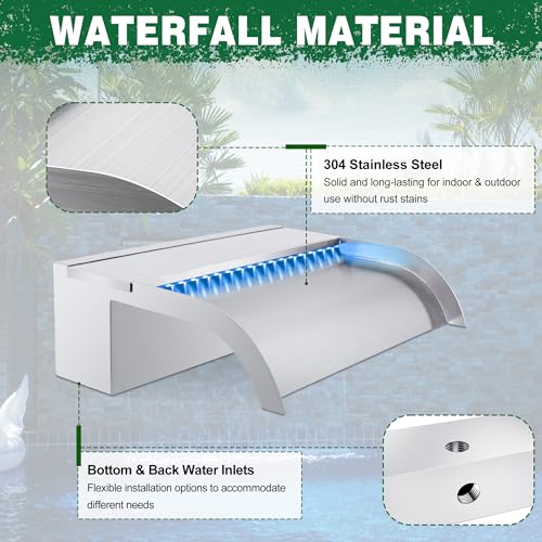 Waterfall Pool Fountain, LONGRUN Stainless Steel Waterfall Spillway for Pools and Ponds - 11.8" Wide Decorative Water Feature for Swimming Pools, Koi Ponds, and Garden - size: 11.8 inch Stainless Steel(Curved)