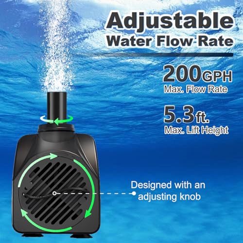 SongLong 200GPH(750L/H) 9.9ft Power Cord Submersible Pump, Water Fountain Pump with 5.3ft Lift for Ponds, Water Fountains, Aquariums & Hydroponics.