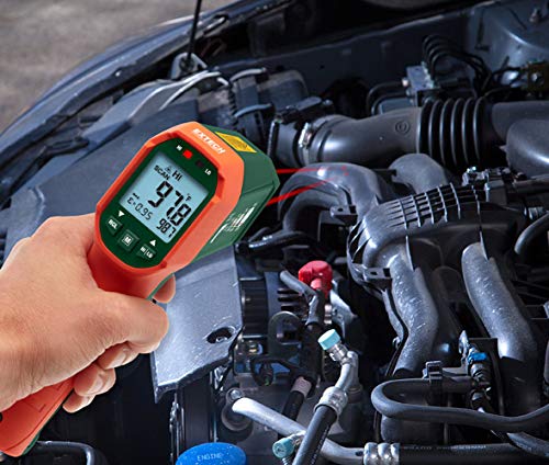 Extech IR320 Dual Laser Infrared Thermometer, IP65, -4 to 1202F, 12:1 | Non-contact to 1202F (650C), 12:1 ratio, IP65, 3m drop-proof, dual laser, high/low LED alarms, emissivity