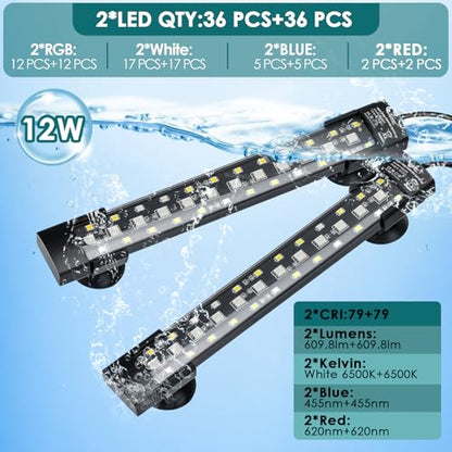 hygger Dual-Channel Controller Submersible Aquarium LED Light, 24/7 Mode Full Spectrum Hidden Fish Tank Light with 3 Rows Beads 7 Colors Auto On Off, Adjustable Timer Brightness (2)