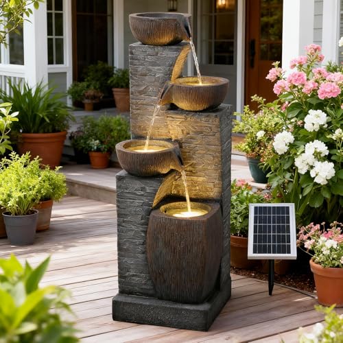 Water Fountain Outdoor Stone Texture Modern 4 Tiers Cascading Bowls Garden Fountains Outdoor,Suit for Patio, Deck, Porch, Lawns, Backyard and Home Art Decor - color: Darkgray 38.2" Solar Powered