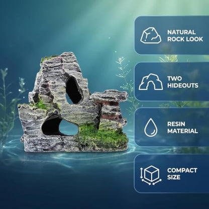 Artificial Moss Rock Aquarium Stone Cave – Resin Fish Tank Decor for Hiding and Landscaping, Small Mountain Terrain Ornament, Natural-Looking Habitat for Fish, Shrimp, and Reptiles, Decoration