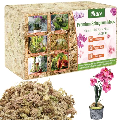 Riare 3.3LB Premium Sphagnum Moss for Plants- Natural Long Fiber Plant Moss | High Expansion, Moisture Retention & Drainage, Dried Orchid Moss for Succulent, Carnivorous, Ferns, Reptiles & Terrariums - size: 60QT/3.3lbs