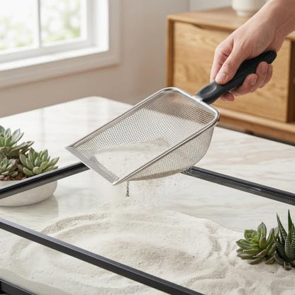 SHINEOFI Reptile Sand Scoop with Fine Mesh Litter Sifter, Stainless Steel Curved Shovel for Neat Collection and Cleaning in Snake Enclosures and Reptile Cages, Mesh Size 3.8x3.8mm