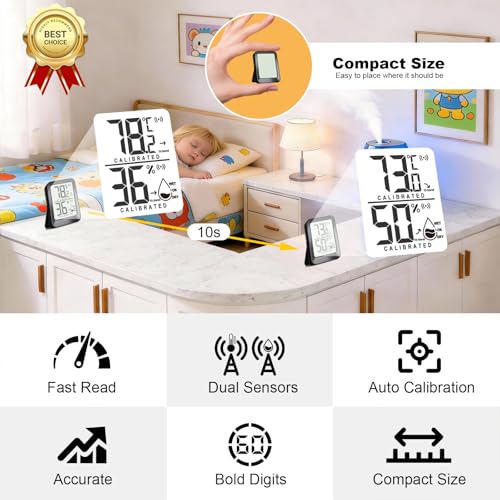 AyayaBoss 4 Pack Room Thermometer Indoor Hygrometer | Mini Size, Monitor Temperature & Humidity, Accurate Fast Read, Easy To View, Kickstand/Hanging/Wall Adhesive, ℉/℃, w/ Battery