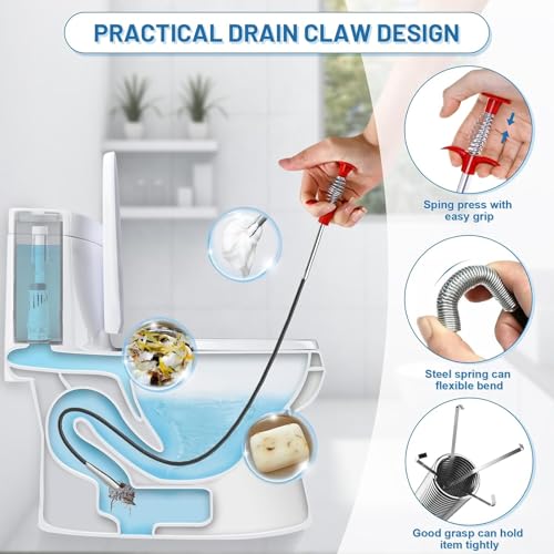 61-Inch Flexible Drain Snake with 4-Claw Grabber for Sink, Shower & Tub | Balanced Reach • Flexible Coated Shaft • Secure 4-Claw Grip • Pulls Hair, Food Debris And Small Items From Curved Pipes - style: 61 IN