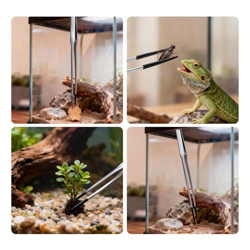 2PCS Reptile Feeding Tongs,10.6" Extra Long Stainless Steel Tweezers with Rubber Tips, Bearded Dragon Lizards Aquarium Straight and Curved Long Tweezers for Snake Feeding, Terrarium, Aquarium(Silver) - color: Silver