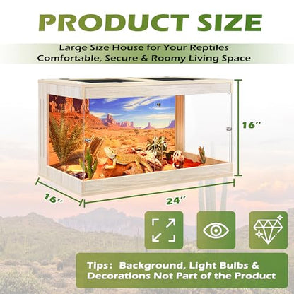 Royxen Bearded Dragon Tank, 30 Gallons Tempered Glass Reptile Terrarium with Metal Mesh Top, 3-Side Clear Anti-Scratch Glass Lizard Tank for Reptile Habitat (Oak, 24" Length) - color: Oak, size: 30Gal,24x16x16inch