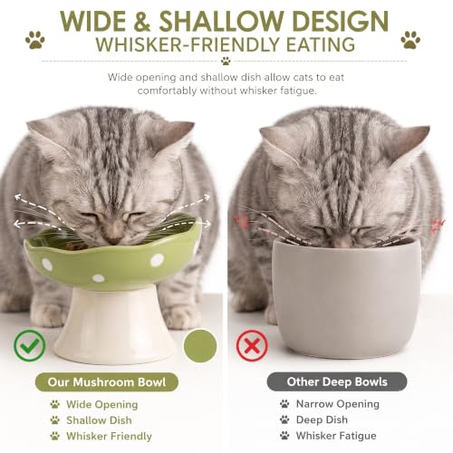 Mushroom Cat Bowl, Elevated Ceramic Cat Bowl, Avocado Green | Cute Mushroom Design • Avocado Green • Elevated Feeding • Whisker Friendly • Smooth Ceramic - color: Avocado Green