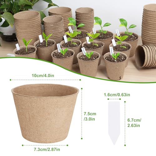 132 Pack Organic Peat Pots, 4 Inch Nursery Pots, Round Plant Seedling Pots | Small Seed Starting Starter Tray with Drainage Holes, Cheap Bulk Garden Germination Container with 132 Plant Labels (10 cm) - size: 4 Inch 132 Pcs