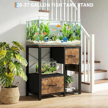 20-29 Gallon Fish Tank Stand, Aquarium Stand with Power Outlet | Heavy-Duty Metal and Wood Aquarium Stand with 6-Leg Support and 4-Tier Open Storage Shelves - color: Brown
